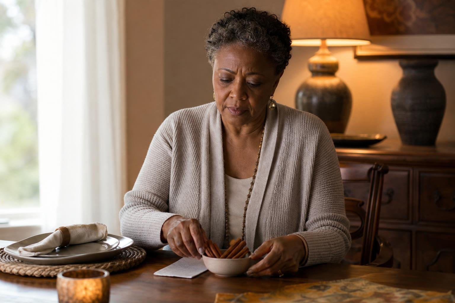 A worried older woman considers ways to spice up her sex life at a warmly lit dining table.