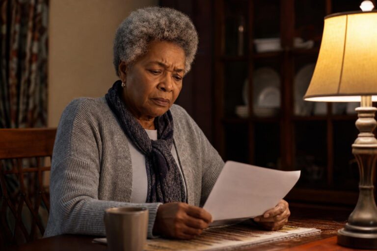 African American woman worried about sickle cell disease at a warmly lit table.