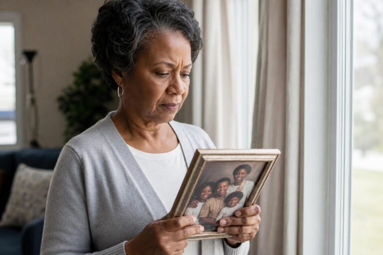 Black woman considers family history and sickle cell disease risk beside a window.