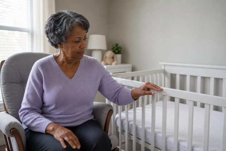 Concerned grandmother beside a bare crib considers safe sleep practices to help prevent SIDS.
