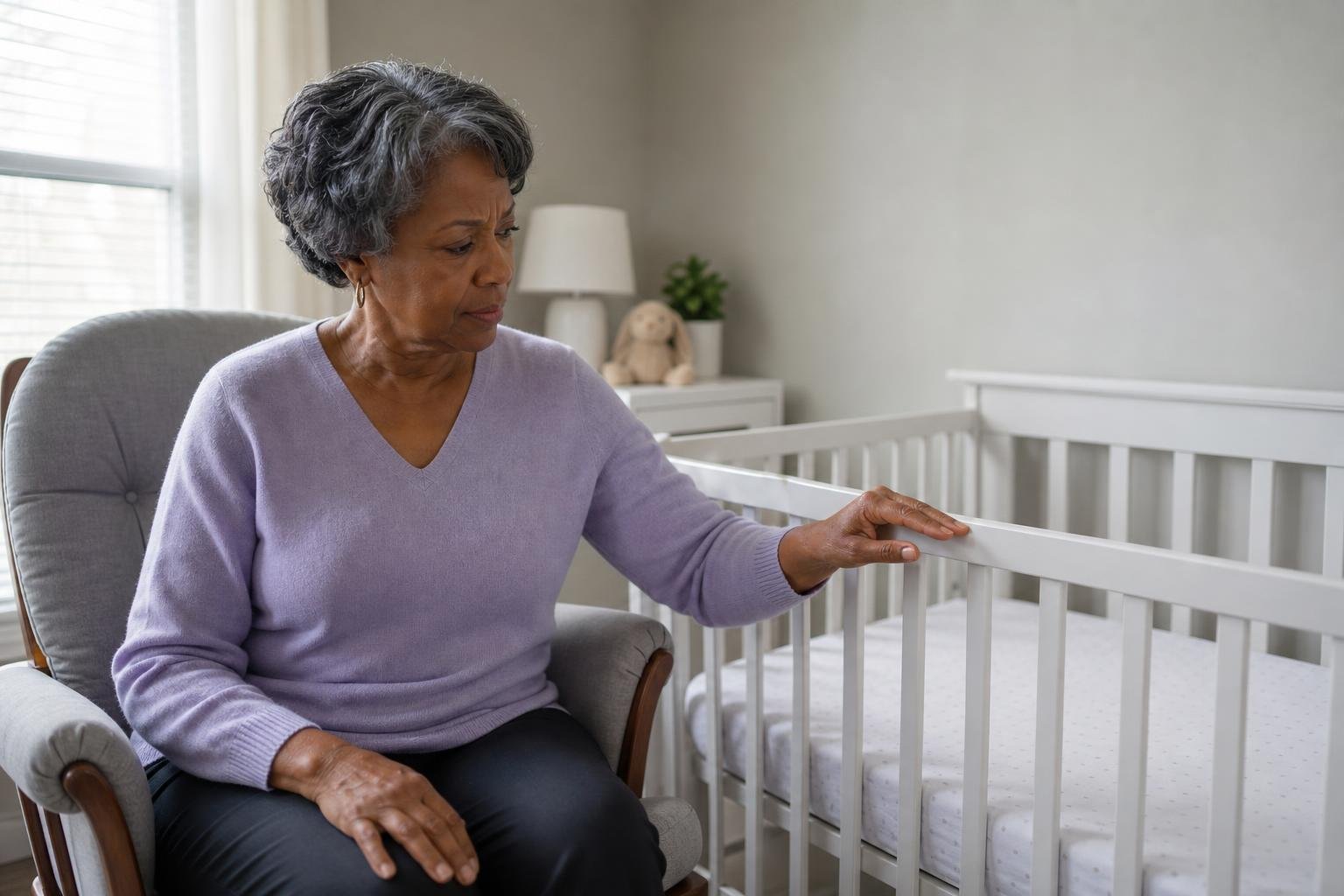 Concerned grandmother beside a bare crib considers safe sleep practices to help prevent SIDS.