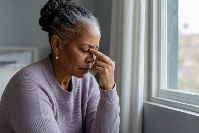 Older Black woman by a bedroom window holding her nose bridge during sinus headache discomfort.
