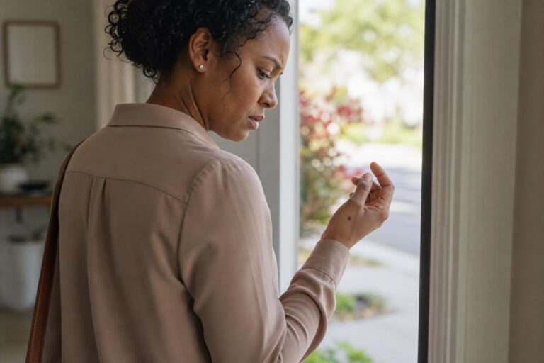 Black woman examines a mole on her hand in morning light amid skin cancer concerns.