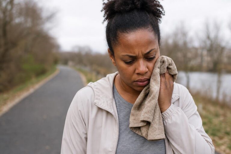 Woman vigorously wiping her face with a towel after exercise, showing a common skin mistake.