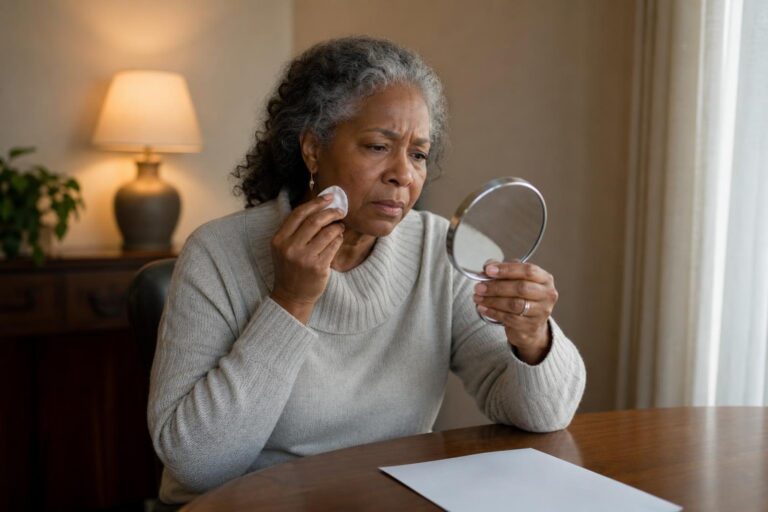 Concerned older woman examines her cheek while reconsidering skin mistakes at a lamp-lit table.