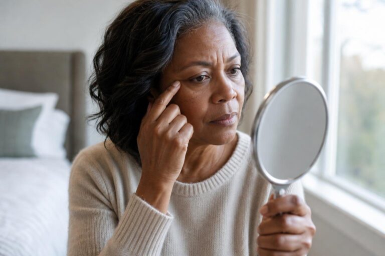 Black woman examining facial skin changes linked to skin of color aging in a handheld mirror.