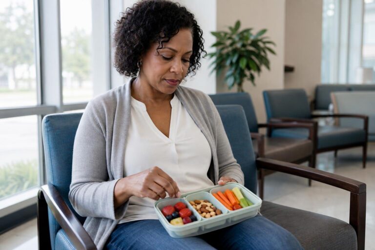 Woman chooses a balanced snack in a clinic waiting area.