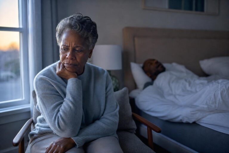 Tired older woman by a bedroom window coping with a partner’s snoring.