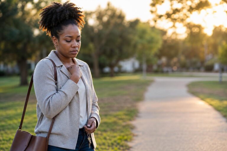 A young Black woman pauses on a neighborhood path, grounding herself before social gatherings.