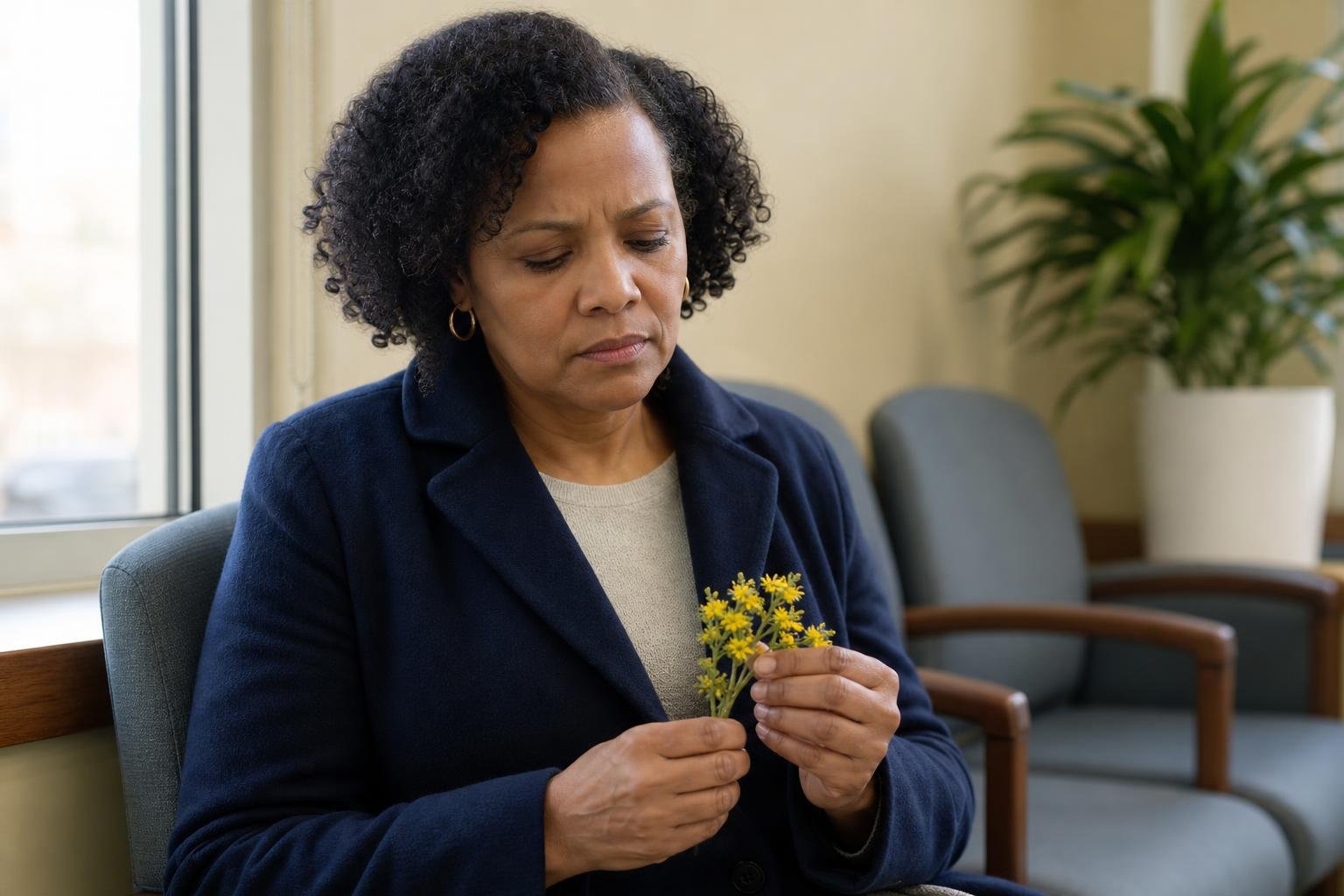 Black woman considers St John’s wort flowers while waiting at a clinic for depression care.