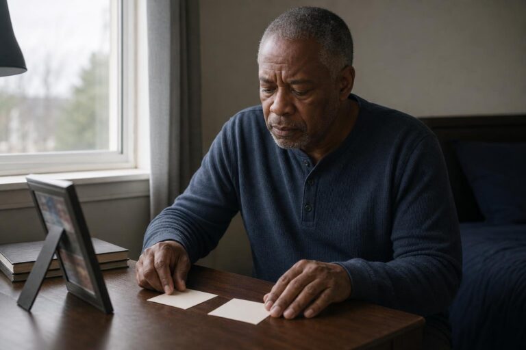Worried older Black man reflects on the relationship between STDs and HIV by a window.