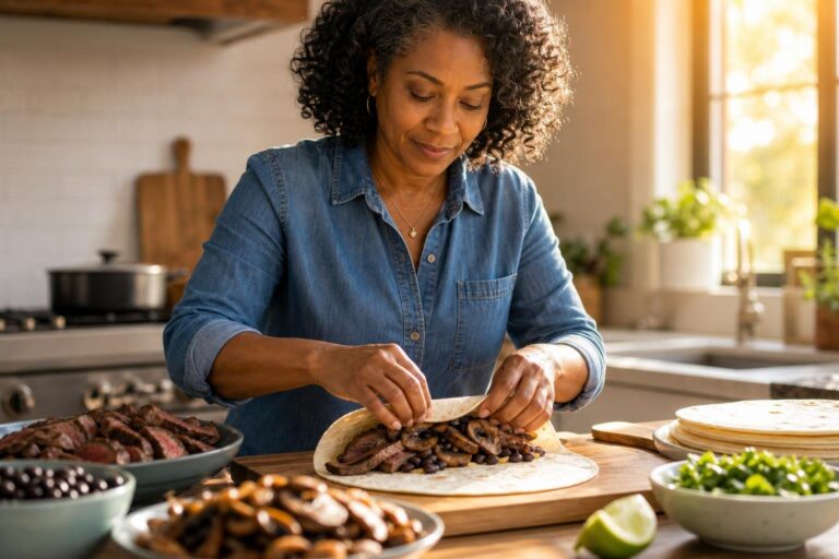 Woman rolls a steak and mushroom burrito at a kitchen counter in late-afternoon light.