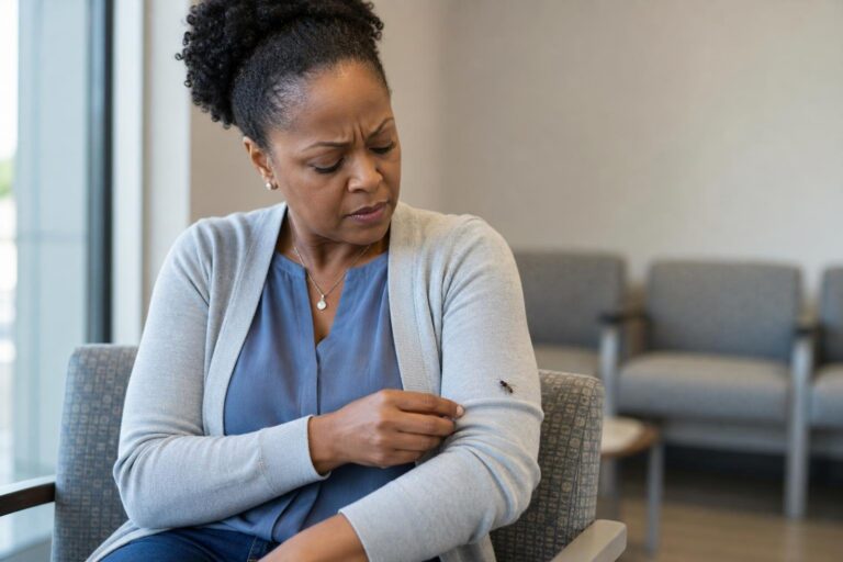 Black woman in an allergy clinic checks her sleeve after a stinging insect encounter.