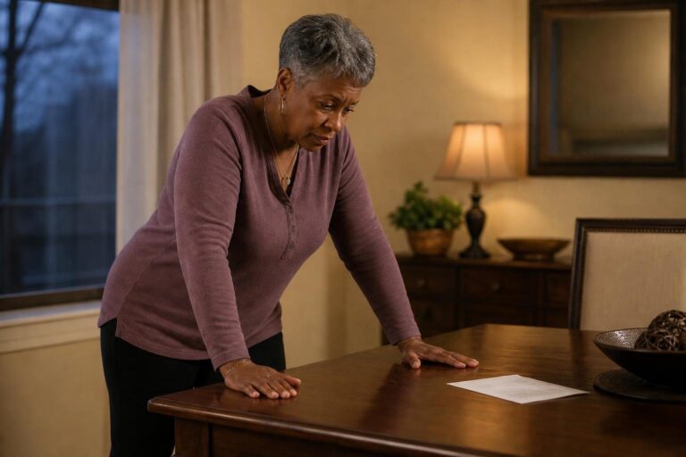 Older woman builds strength with a tabletop bodyweight hold at home.