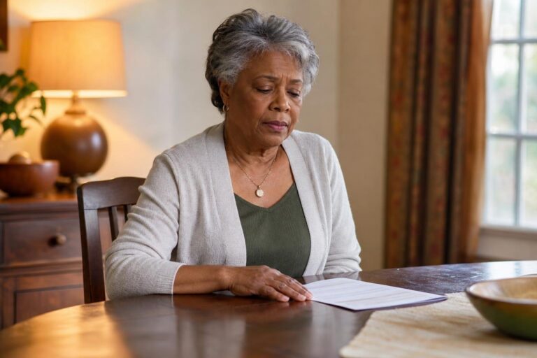 Older woman pausing at a table with a paper while managing stress at home.