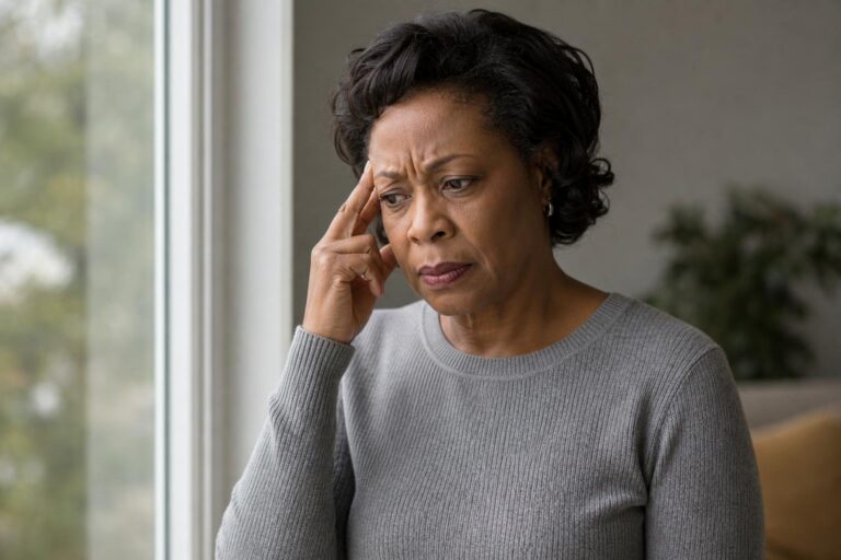 Black woman noticing physical signs of stress with fingers resting at her temple by a window.