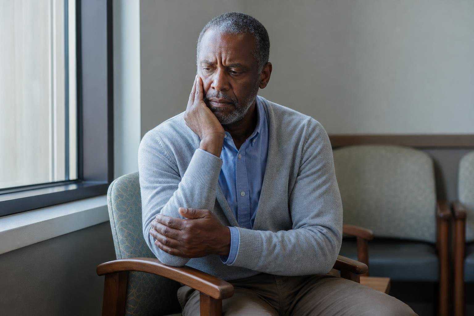 Concerned older Black man in a clinic waiting area reacting to possible stroke symptoms.