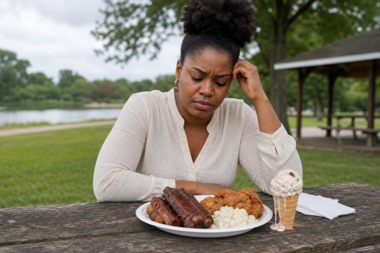 Woman weighs summer weight loss foods at an outdoor cookout table.