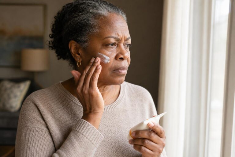 Black woman applying sunscreen indoors with a concerned expression beside a sunlit window.