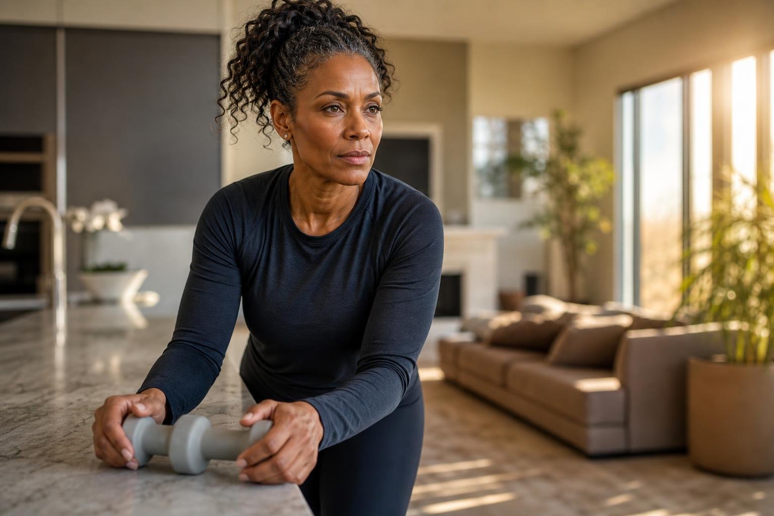 Black woman holding dumbbells at home during a supermodel workout circuit.