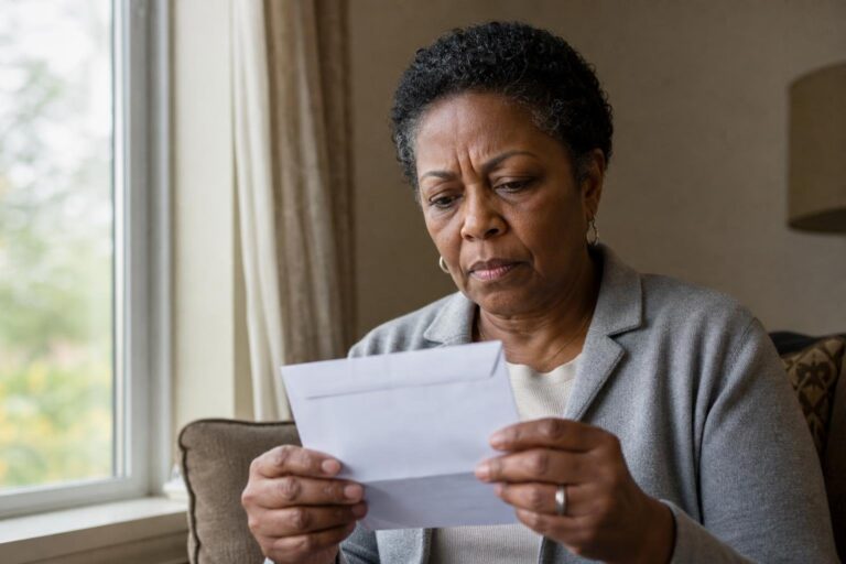 Concerned Black woman holds a sealed envelope after a syphilis screening appointment.