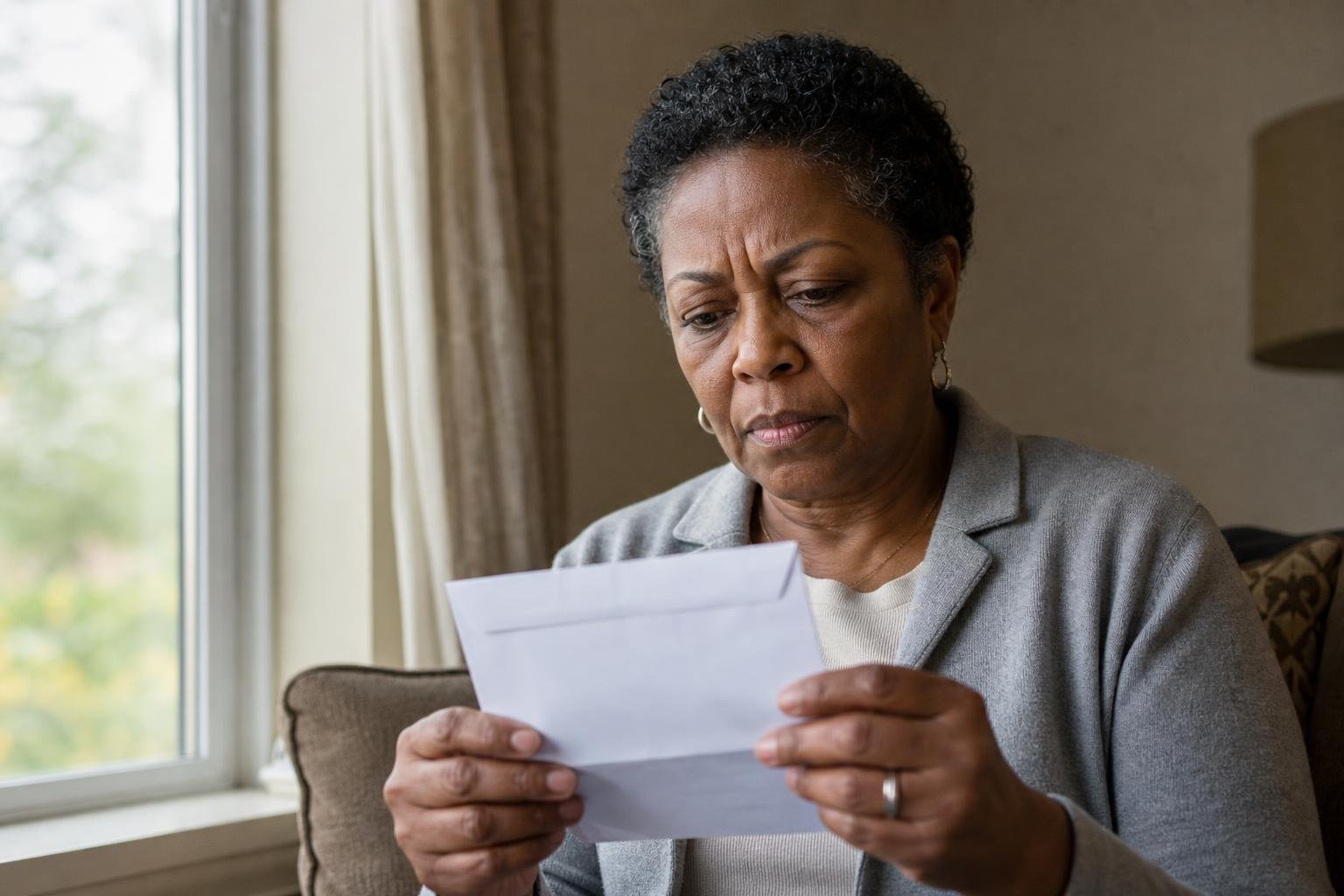 Concerned Black woman holds a sealed envelope after a syphilis screening appointment.