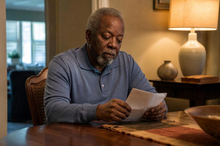 Black grandfather preparing to talk to his child about sex at a warmly lit table.
