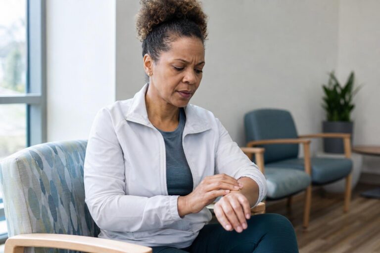 Black woman checks her wrist pulse in a clinic waiting area while considering target heart rate.