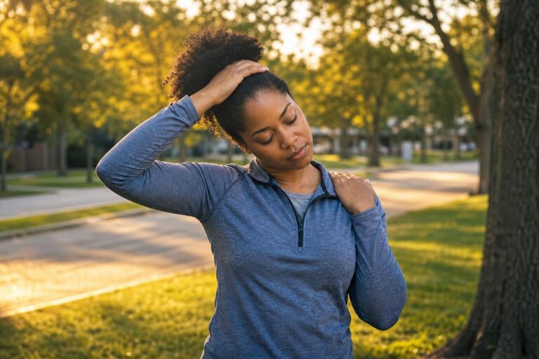 Black woman practices a neck stretch during a walk for tension headache relief.