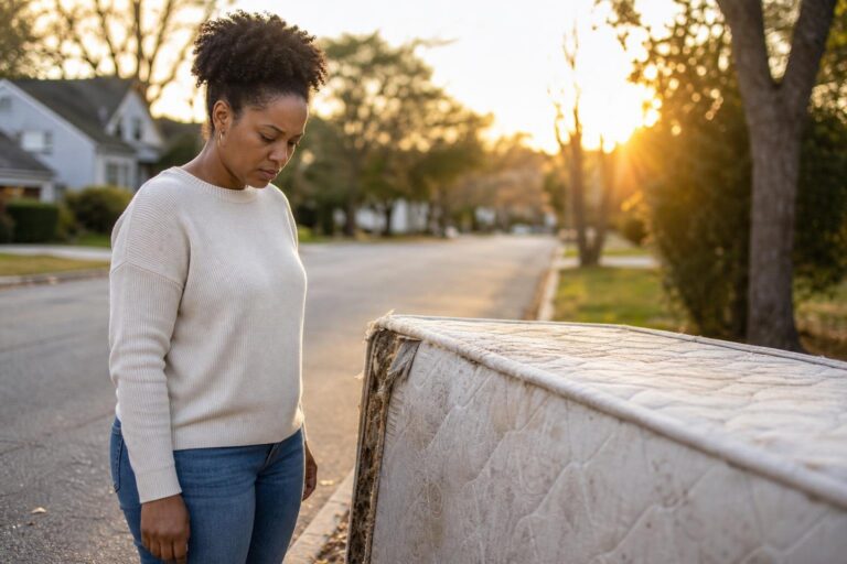 Concerned woman examines an old mattress outdoors while considering whether her bed is toxic.