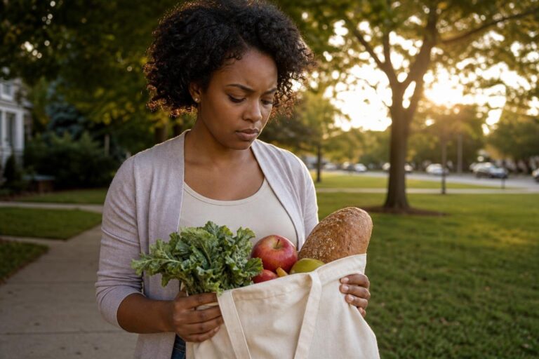 Black woman with fiber-rich groceries during a type 1 diabetes walk.