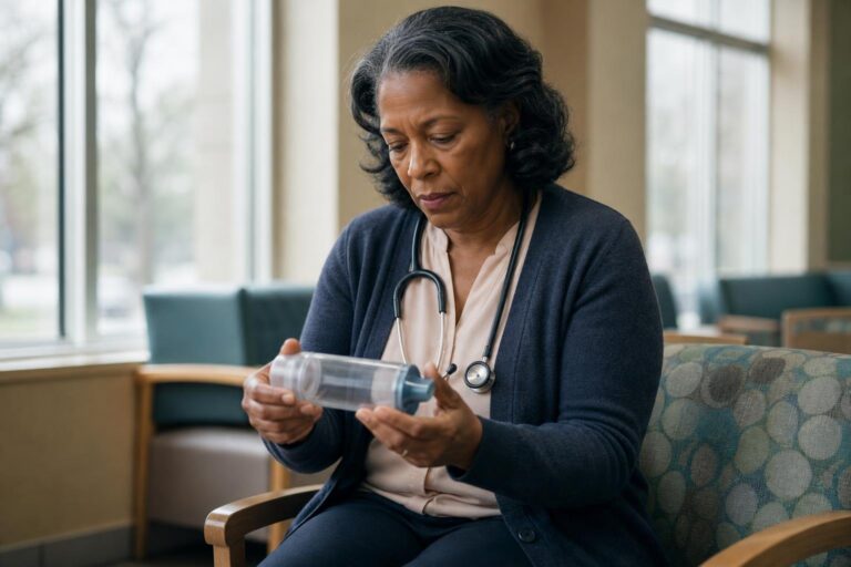 Dr. Tyra Bryant-Stephens holds an asthma spacer in a pediatric clinic waiting area.