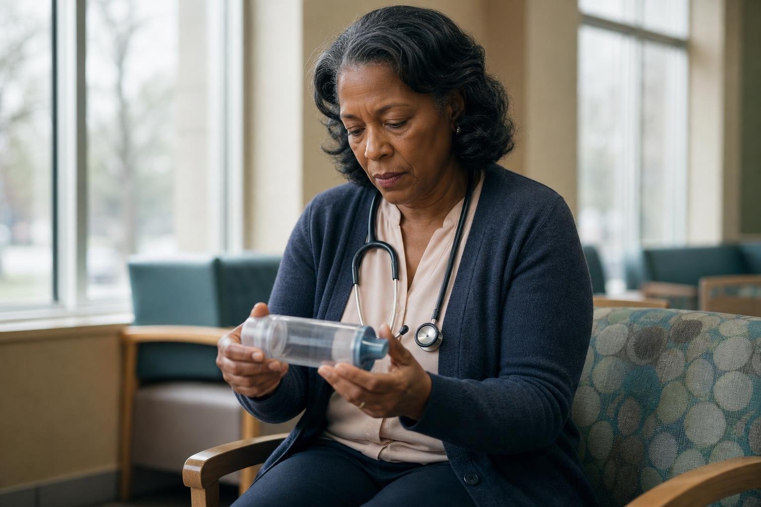 Dr. Tyra Bryant-Stephens holds an asthma spacer in a pediatric clinic waiting area.