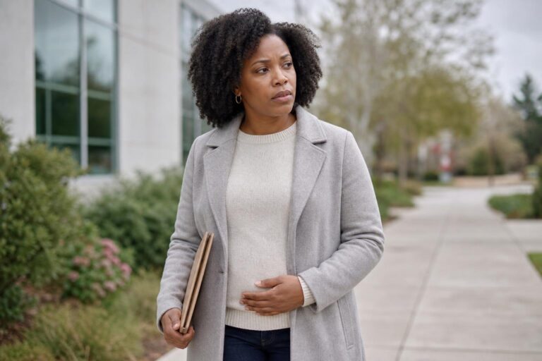 Black woman outside a clinic with a hand over her abdomen, reflecting on uterine fibroids.