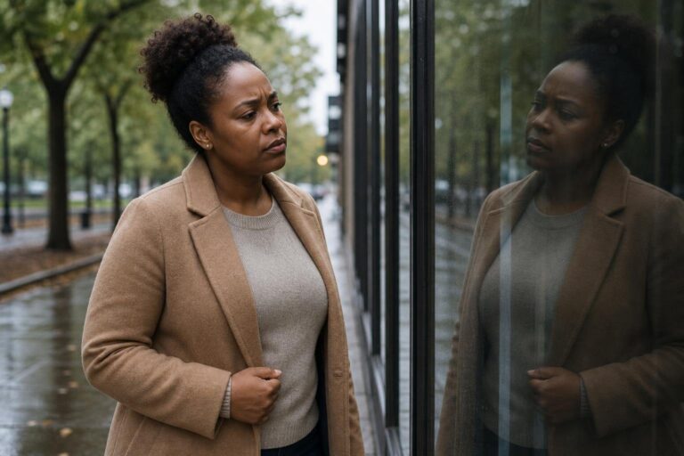 Black woman reflects on weight and body size beside a park path on an overcast day.