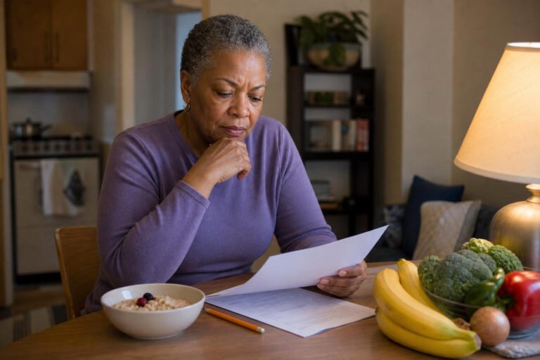 Older college student plans budget weight loss meals at a lamp-lit table.