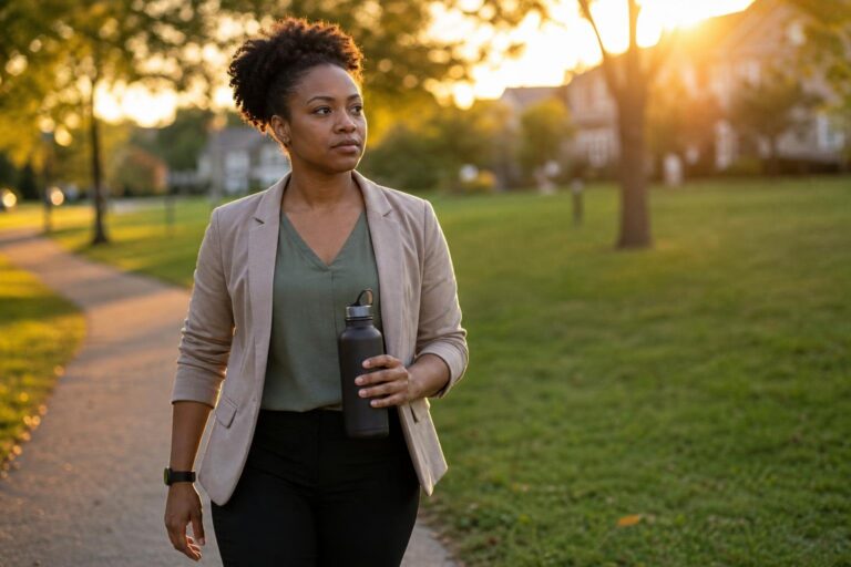 A Black woman takes a purposeful golden-hour walk, reflecting weight loss expert habits.