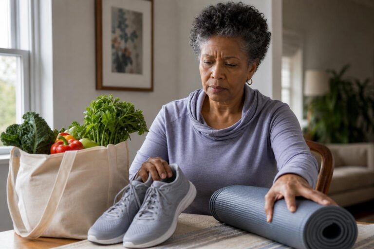 Woman thoughtfully considers a weight-loss program with exercise gear and groceries.