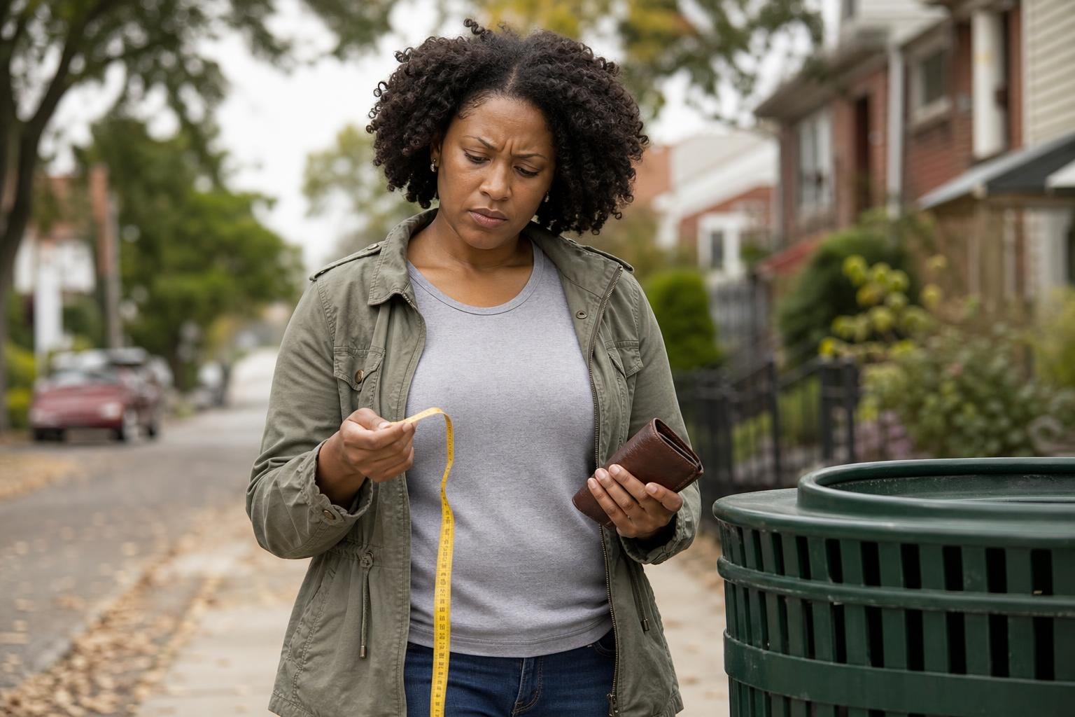 Black woman skeptically weighs weight loss scams against her wallet outdoors.