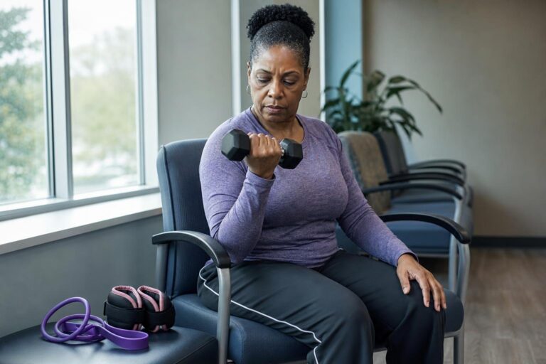 Woman practices a dumbbell curl for a full-body weight training routine in a clinic waiting area.