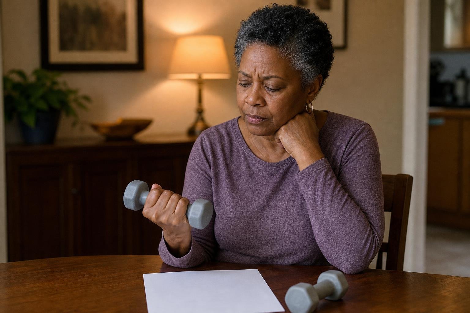 A concerned older Black woman considers weightlifting for females with a dumbbell at her table.