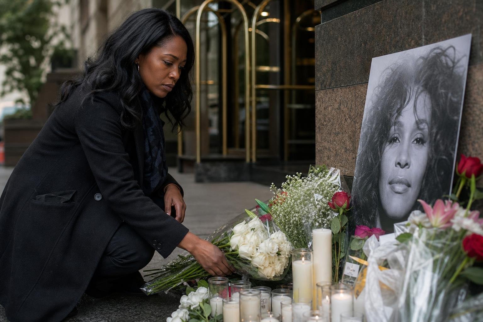 Black woman leaves white flowers outside a hotel in tribute to Whitney Houston.