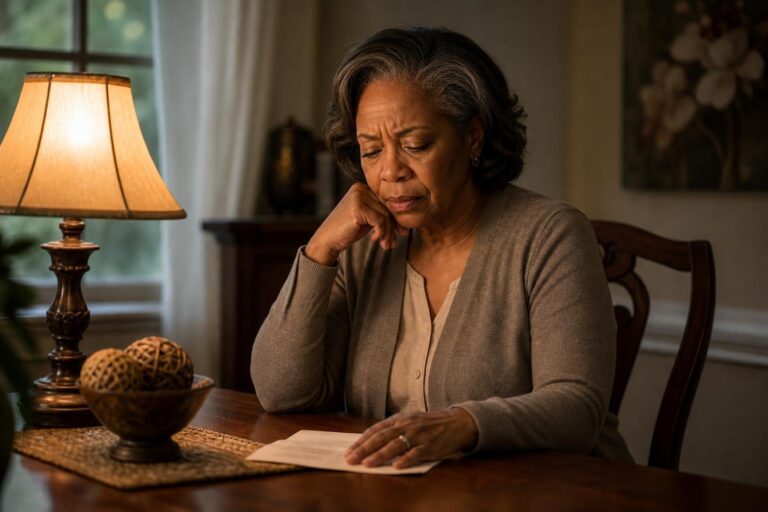 A worried older woman reflects on Will Smith relationship advice at a warmly lit table.