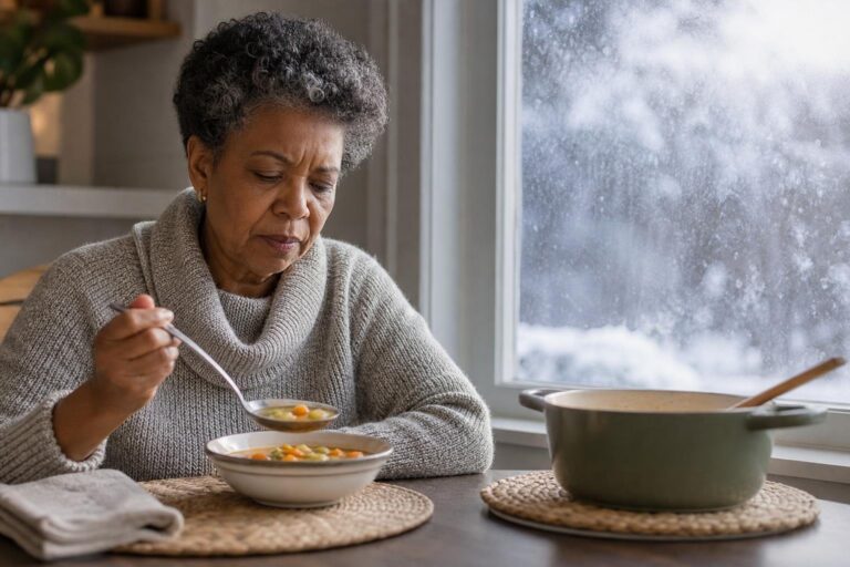 Black woman considers a modest meal by a frosted window to prevent winter weight gain.