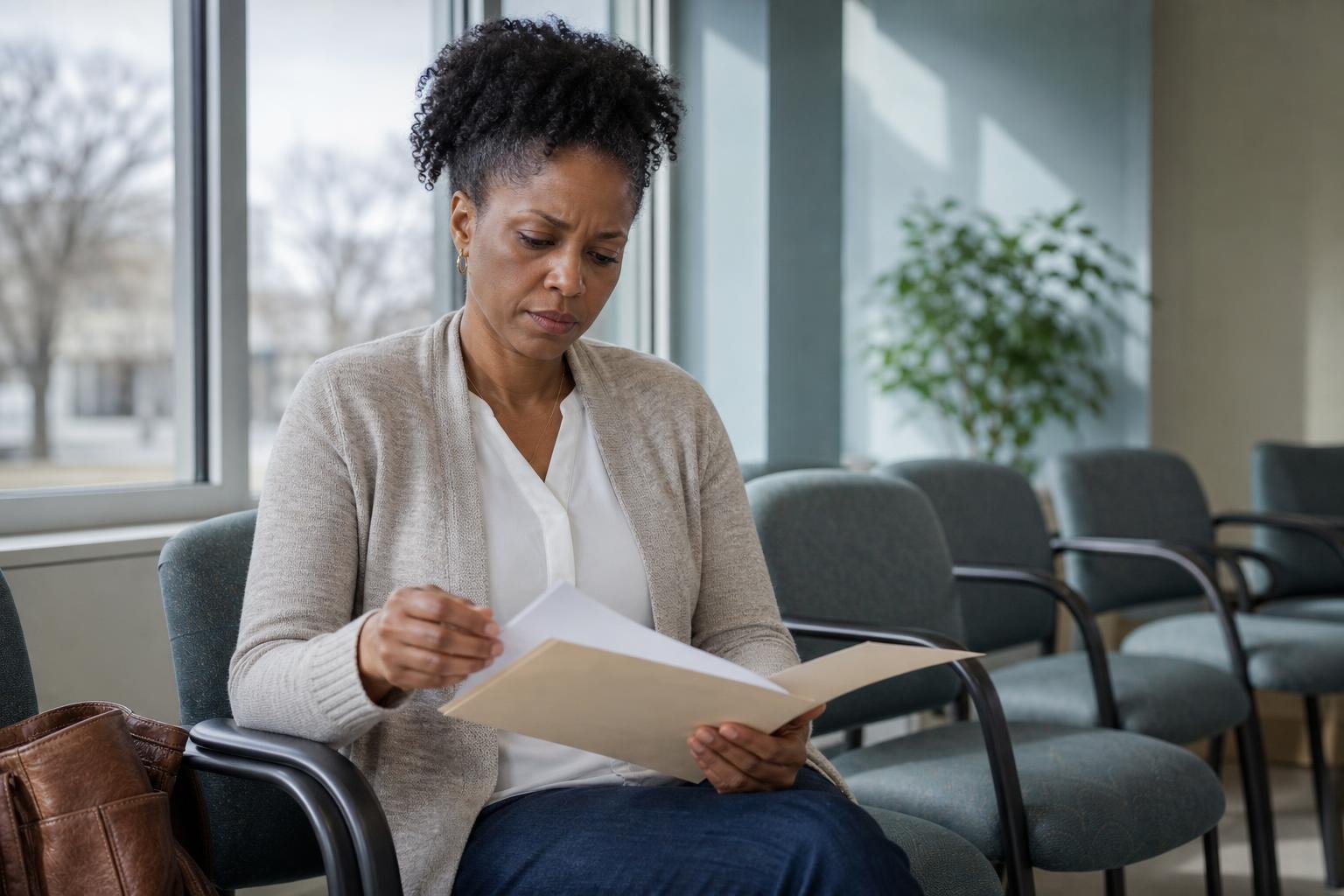 Woman reviewing women’s health Q&A notes alone in a clinic waiting area.