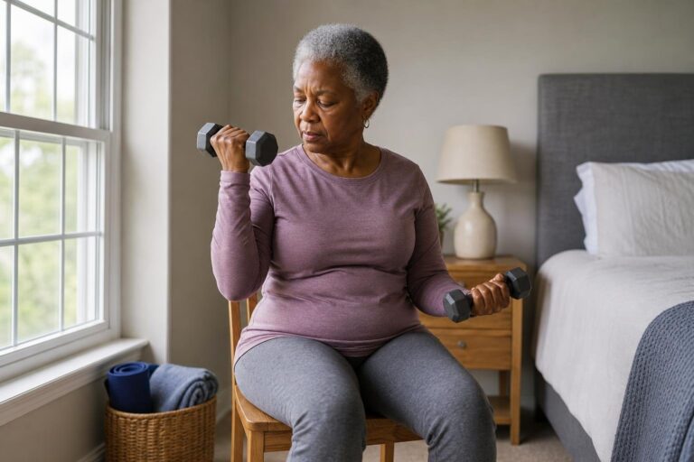 Older Black woman pauses with dumbbells by a window while practicing workout tips at home.