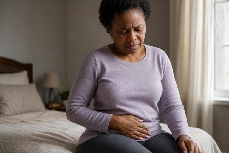 Concerned woman coping with pain after one-dose yeast infection treatment.